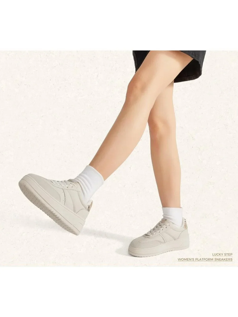 Women's Beige Lace Up Platform Thick Sole Comfortable Casual Fashion Sneakers